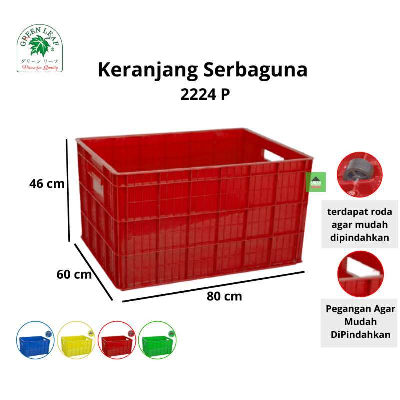 BOX CONTAINER PLASTIK INDUSTRI 140 LITER GL 2224 P + RODA, UKURAN 80 x 60 x 46 CM | RAJA PLASTIK INDONESIA Plain Industrial Container with Castors – 140 Ltr | Keranjang Boks Kontainer Serbaguna Warna Biru, Merah, Kuning, Hijau