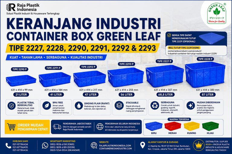 KERANJANG INDUSTRI CONTAINER BOX GREEN LEAF TIPE 2227, 2228, 2290, 2291, 2292 & 2293: Solusi Keranjang Industri Container Box Green Leaf Berkualitas untuk Penyimpanan, Distribusi, Pergudangan, dan Logistik Profesional